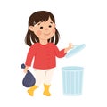 Cute Girl Throwing Garbage into Trash Can, Kid Helping her Parents with Housework or Doing Household Chores Cartoon Royalty Free Stock Photo