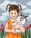 Cute girl and tiny puppy , kid, puppy animal, human, coloring book, children story book illustrasion, postcard