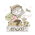 Cute girl tourist with a backpack sitting on suitcases with her dog. Vector Royalty Free Stock Photo