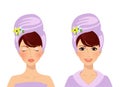 Cute girl with towel on head before and after spa procedures Royalty Free Stock Photo