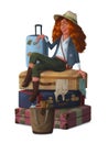 Cute girl traveler with red hair sits on pile of suitcases and bags. Funny cartoon character design.