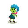 Cute girl troll with blue hair and green skin holding flower, funny fairy tale character vector Illustrations on a white
