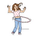 Cute girl twirling hula hoop around waist.