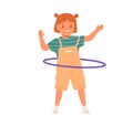 Cute girl twirling hula hoop around waist. Little smiling kid having fun with toy ring. Happy active carefree child at Royalty Free Stock Photo