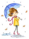 Cute girl with umbrella. Hand Drawn watercolor illustration.