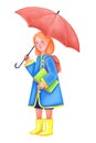A cute girl with an umbrella in a raincoat in rubber boots is holding a book.