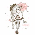 Cute girl with umbrella walking. I like walking. Title. Vector