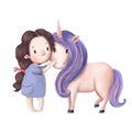 cute girl with unicorn watercolor illustration with cartoon character Royalty Free Stock Photo