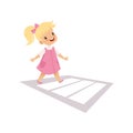 Cute Girl Using Cross Walk to Cross Street, Traffic Education, Rules, Safety of Kids in Traffic Vector Illustration