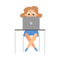 Cute Girl Using Laptop Computer at Desk, Front View, Online Education or Courses, Kid Programmer Character Cartoon Style Royalty Free Stock Photo