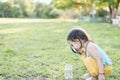 Cute girl using magnifying glass to look at bugs in glass jars Learn to use science-related observations Royalty Free Stock Photo