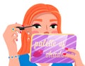 Cute girl using mascara, holding palette of shadows in hand with mirror, beauty blogger, makeup