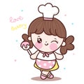 Cute girl vector Chef cartoon greeting holding spoon Kawaii bakery shop logo for kid dessert homemade food