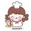 Cute girl vector Chef cartoon holding bear bread Kawaii bakery shop logo for kid dessert homemade food