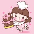 Cute girl vector Chef cartoon serving birthday cake kawaii bakery shop logo for kid dessert homemade food