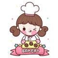 Cute girl vector Chef cartoon serving cookie kawaii bakery shop logo for kid dessert homemade food Royalty Free Stock Photo