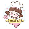 Cute girl vector Kawaii bakery shop logo cartoon for kid dessert: Series Sweet Chef cooking, Girly doodle. Magic character  food Royalty Free Stock Photo