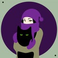 Cute girl in violet warm hat, scarf and mittens holding a big black cat