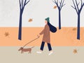 Cute girl walking alone with dog in park at autumn.Fall soothing landscape. Colorful vector illustration in flat style