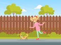 Cute Girl Walking with Dog Outdoor, Kid Summer Outdoor Activity Cartoon Vector Illustration Royalty Free Stock Photo