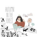 Cute girl walking in the forest. Hello autumn