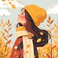 cute girl walking outdoors in autumn, cartoon style 2 Royalty Free Stock Photo