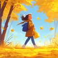 cute girl walking outdoors in autumn, cartoon style 1 Royalty Free Stock Photo