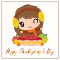 Cute girl want to eat apple pie cake cartoon illustration for thanksgiving`s day card design