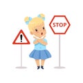 Cute Girl and Warning Road Signs, Traffic Education, Rules, Safety of Kids in Traffic Vector Illustration Royalty Free Stock Photo