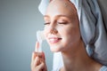 Woman washing cleaning face and skin with brush soap and wather Royalty Free Stock Photo