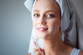 Woman washing cleaning face and skin with brush soap and wather Royalty Free Stock Photo