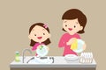 Cute girl washing dish with mother