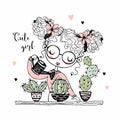 Cute girl is watering the cacti in pots. Vector