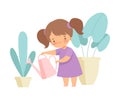 Cute Girl Watering Houseplants, Adorable Kid Doing Housework Chores at Home Vector Illustration Royalty Free Stock Photo