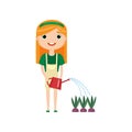 Cute girl watering plants isolated against white background