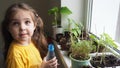 Cute girl watering seedlings on the windowsill first spring flowers. home interior and decoration. Child taking care of Royalty Free Stock Photo