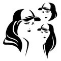 Cute girl wearing baseball cap black and white vector portrait Royalty Free Stock Photo