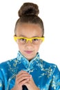 Cute girl wearing Chinese dress and yellow glasses