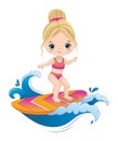 Vector Cartoon Cute Blond Girl Surfing Royalty Free Stock Photo