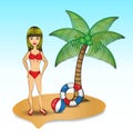 Cute girl wearing red bikini on the beach vector illustration, cartoon women, icon design, drawing lady, tropical summer, coconut Royalty Free Stock Photo