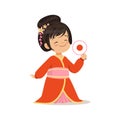 Cute girl wearing red kimono, national costume of Japan colorful character vector Illustration