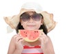 Cute girl wearing swimsuit eat watermelon isolated Royalty Free Stock Photo