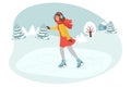 Cute girl wearing warm winter clothes ice skating on frozen surface. Young Woman Figure Skating on Ice rink . Winter Fun Sport Royalty Free Stock Photo