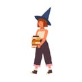 Cute girl wearing witch hat hold pile of magic books or studentbooks. Portrait of young wizard or walking fairy