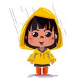 cute girl wearing yellow raincoats and boots under the rain. character design - vector