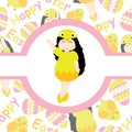 Cute girl wears chick custom on pink circle frame vector cartoon for Easter postcard, wallpaper, greeting card