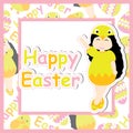 Cute girl wears chick custom on square frame vector cartoon for Easter postcard, wallpaper, greeting card