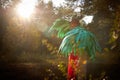 Cute girl in white dress, red scarf, male hat and green wings in nature landscape on sunny autumn. Model poses in green Royalty Free Stock Photo