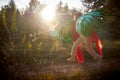 Cute girl in white dress, red scarf, male hat and green wings in nature landscape on sunny autumn. Model poses in green Royalty Free Stock Photo