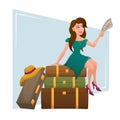 Cute girl who went on trip and is waiting for her flight sitting in her suitcase.